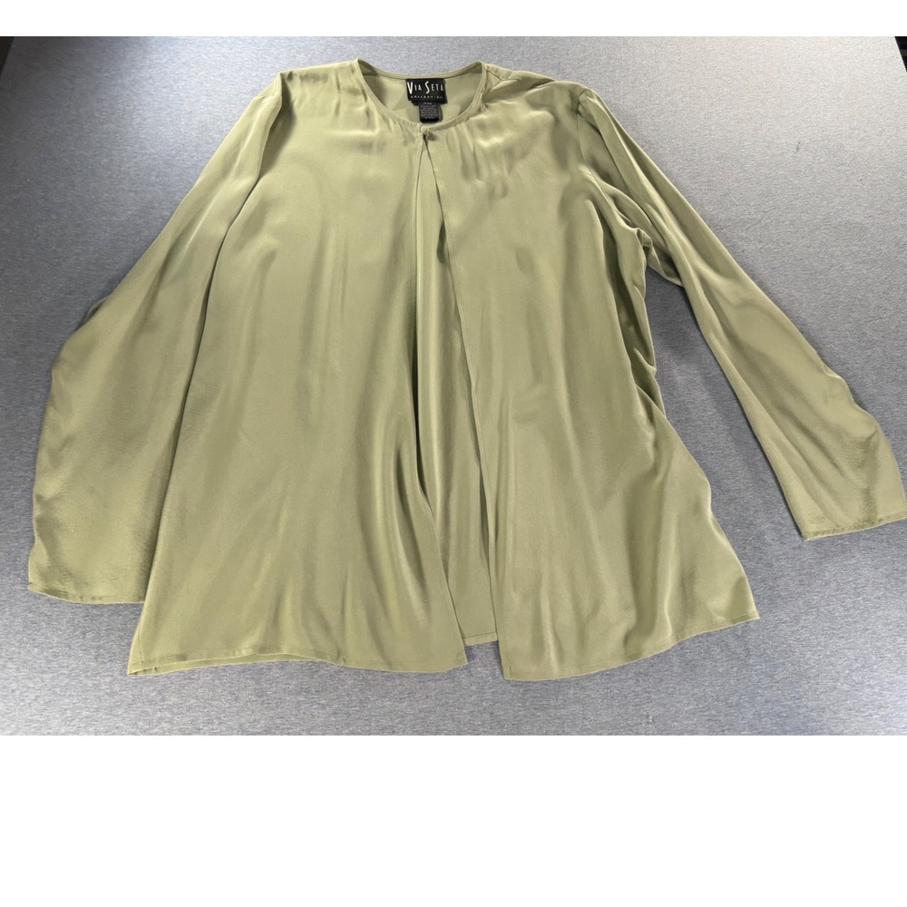 Via Seta Collection Silk 2 Piece Set Cardigan Blouse Sage Green Floral 12 14 - Picture 7 of 12